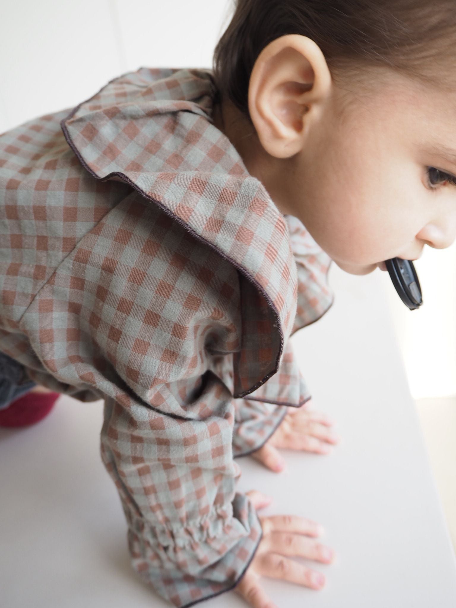 Marco's romper in Sagewood Gingham